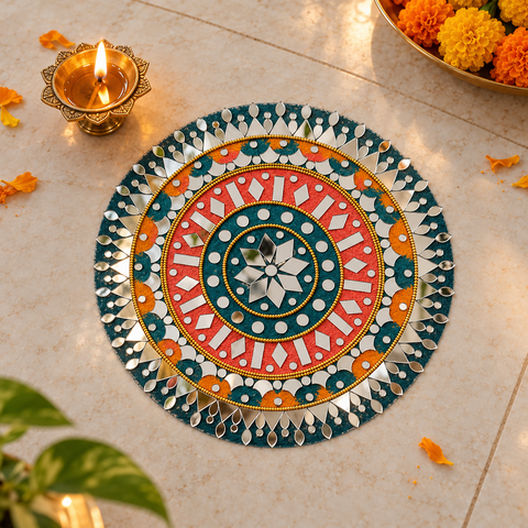 10 Inch Ready Made Round Mirror Rangoli on Transparent Sheet with Gold & Silver Ring Options--ST-87