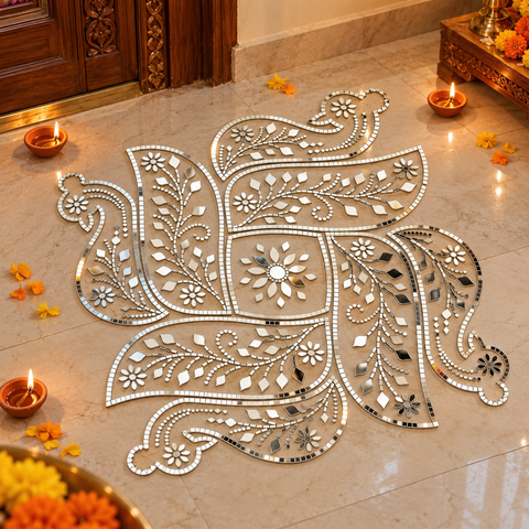 Paisley Design Transparent Sheet with Silver Mirrors for DIY Rangoli & Festive Décor--1803