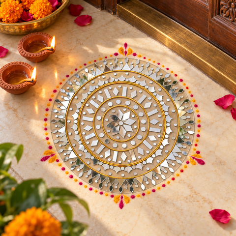 10 Inch Ready Made Round Mirror Rangoli on Transparent Sheet with Gold & Silver Ring Options--ST-87