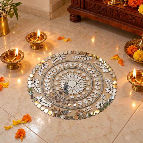 10 Inch Ready Made Round Mirror Rangoli on Transparent Sheet with Gold & Silver Ring Options ST-88