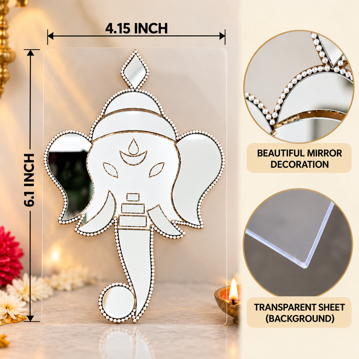 Ready Made Ganesha Silver Mirror Wall Décor for Pooja Room & Festive Decorationst-84