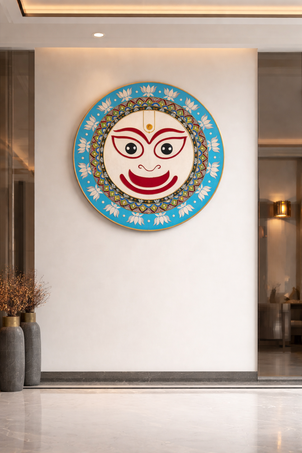 Round Maa Durga face MDF design board with lotus mandala border, decorative premarked wooden base for Lippan art, Navratri décor and DIY craft projects.