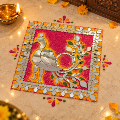 Premium Peocock Mirror Square Rangoli for Decore Ready Piece ST-82