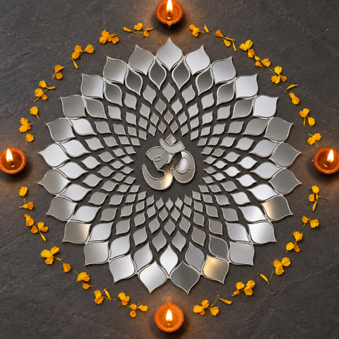 Om Silver Mirror Rangoli Ready Made Decorative Wall & Floor Décor ST-38