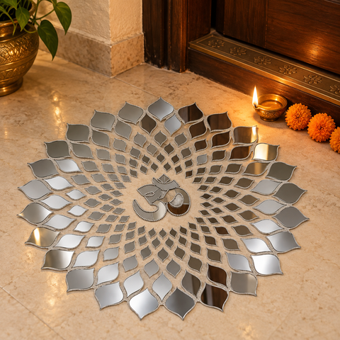 Om Silver Mirror Rangoli Ready Made Decorative Wall & Floor Décor ST-38