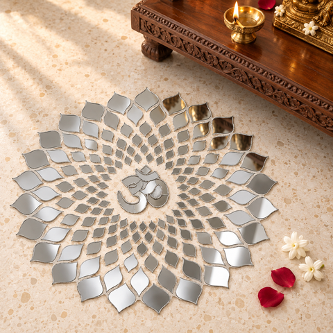 Om Silver Mirror Rangoli Ready Made Decorative Wall & Floor Décor ST-38