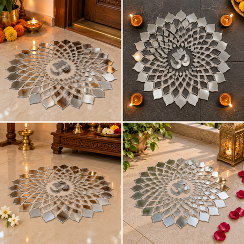 Om Silver Mirror Rangoli Ready Made Decorative Wall & Floor Décor ST-38