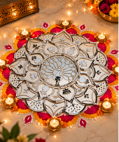 Peacock Mirror Rangoli on Transparent Paper – Ready Made Decorative Mirror Art ST-40