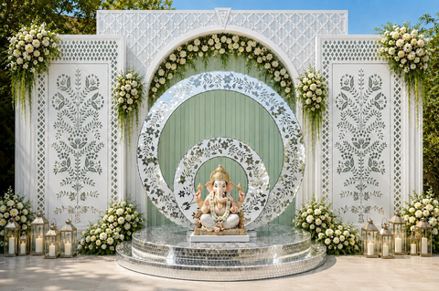 3 Piece Mirror Wedding Stage Backdrop Set with Round Rings & Floral Side Panels (only mirror & stencil)  -BAPS-9