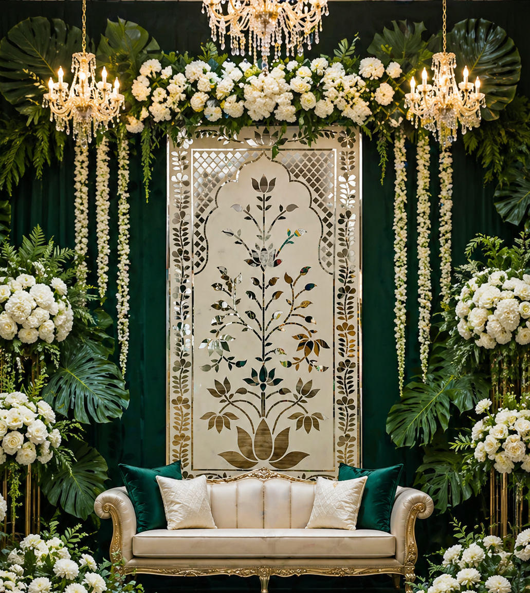 Traditional lotus floral mirror wall panel with intricate silver mirror detailing and elegant arch design on a green decorative background.
