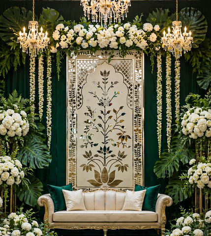 Traditional lotus floral mirror wall panel with intricate silver mirror detailing and elegant arch design on a green decorative background.
