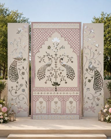 Peacock Lotus Jharokha Mirror Work 3 Panel Backdrop(Ready Piece) - BAPS-43