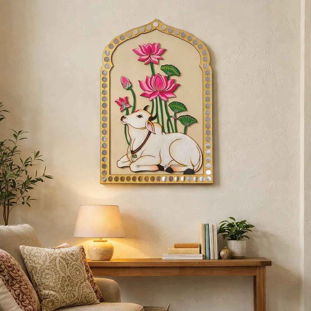Premarked Lotus & Cow Design MDF Jharokhawith Mirror-680