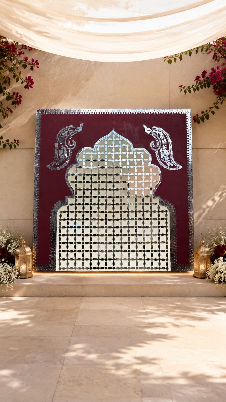 Ready Peacock Mirror Work Decorative Panel with Arch Design for Wall Décor & Backdrop (Ready Piece) 36 * 36 INCH- BAPS-78