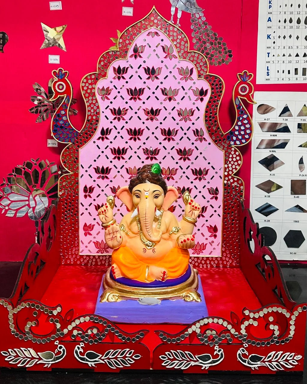 Lotus Peacock Mirror Work Singhasan (Ready Piece) - BAPS-55
