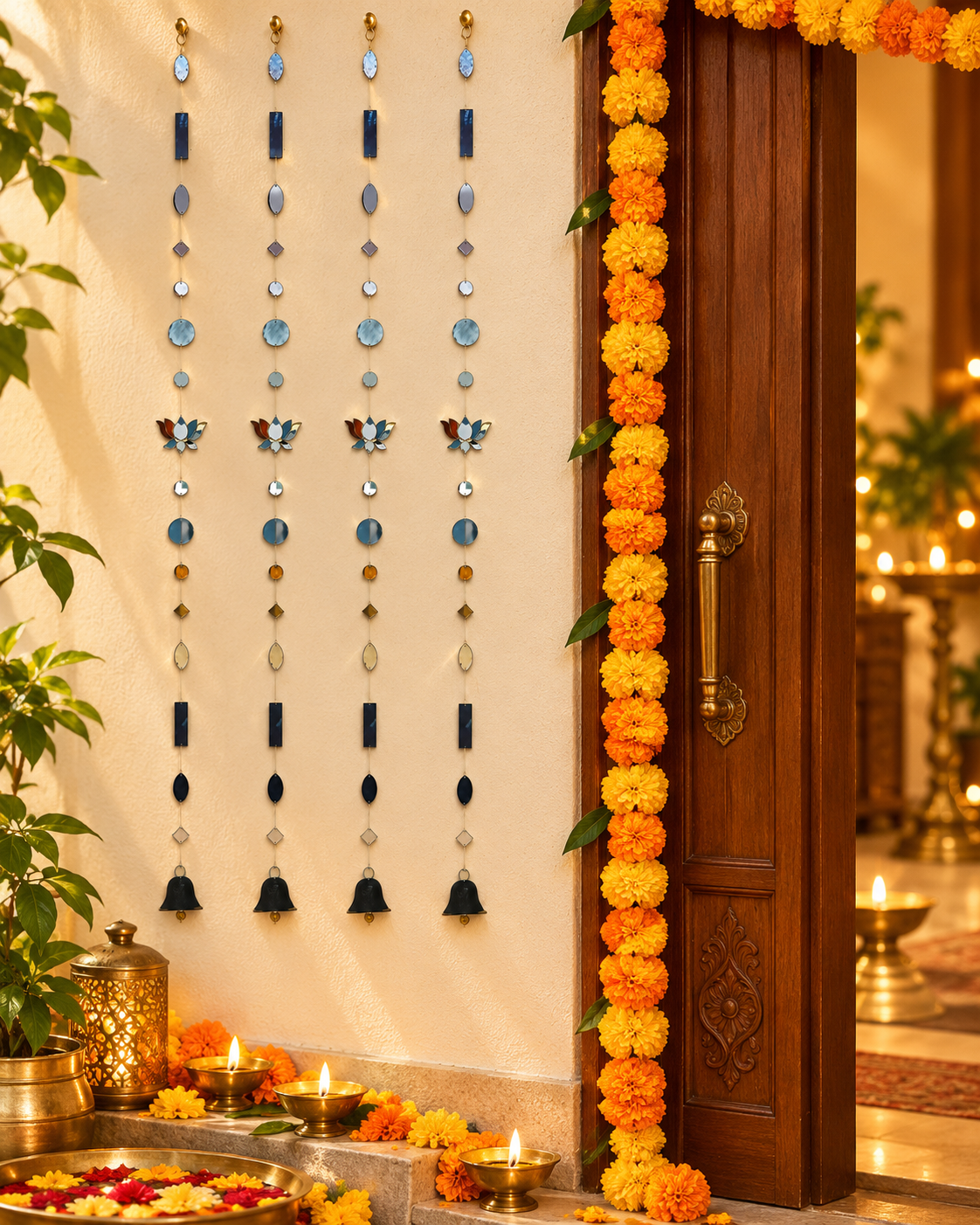 40 Inch Lotus Mirror Hanging String with Bell | Decorative Mirror Hanging for Home & Festive Décor St-16