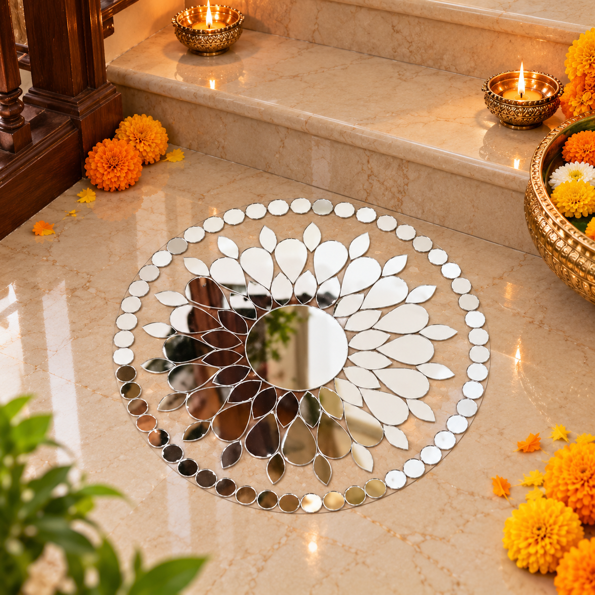 4 Inch Transparent Mirror Rangoli | Ready-to-Use Floral Mirror Decoration for Home & Festive Décor St-103