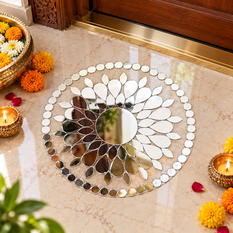 4 Inch Transparent Mirror Rangoli | Ready-to-Use Floral Mirror Decoration for Home & Festive Décor St-103