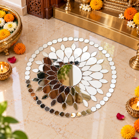 4 Inch Transparent Mirror Rangoli | Ready-to-Use Floral Mirror Decoration for Home & Festive Décor St-103