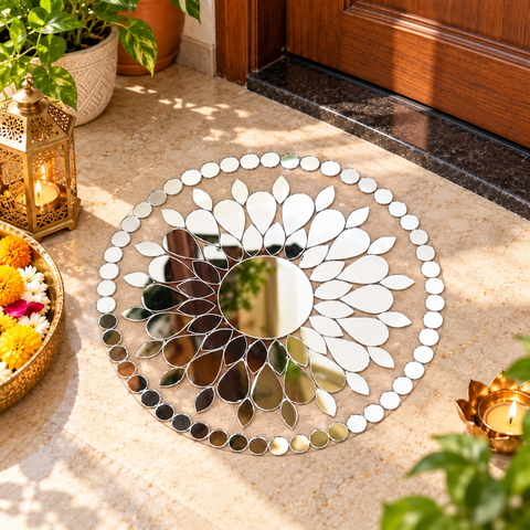 4 Inch Transparent Mirror Rangoli | Ready-to-Use Floral Mirror Decoration for Home & Festive Décor St-103