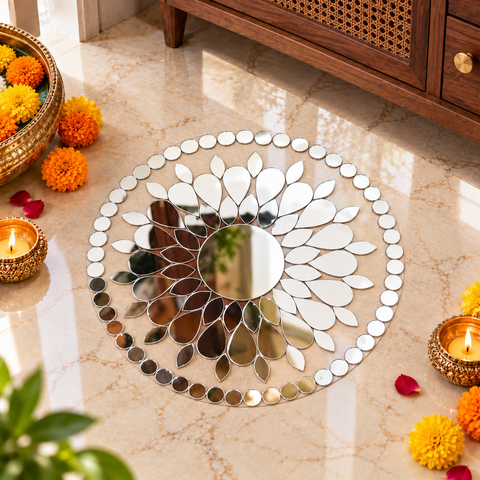 4 Inch Transparent Mirror Rangoli | Ready-to-Use Floral Mirror Decoration for Home & Festive Décor St-103
