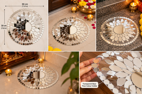 4 Inch Transparent Mirror Rangoli | Ready-to-Use Floral Mirror Decoration for Home & Festive Décor St-103