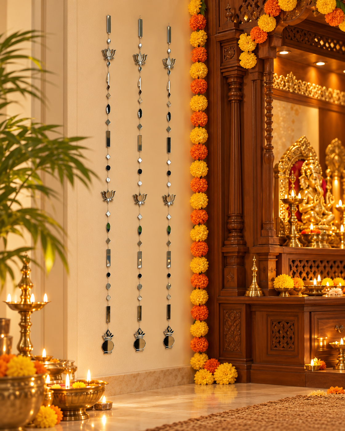 40 Inch Double Lotus Mirror Hanging String with Kalash | Decorative Hanging for Home & Festive Décor St-17