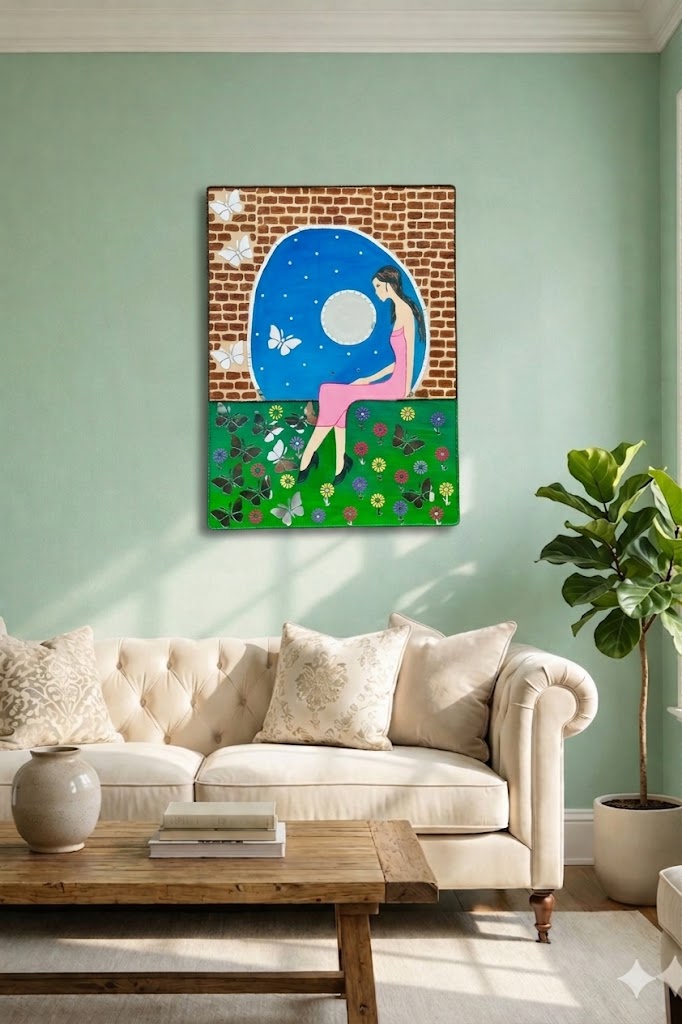 Modern MDF wall art panel with seated girl silhouette and butterfly mirror accents, decorative wooden craft board for home décor and DIY mirror art projects.